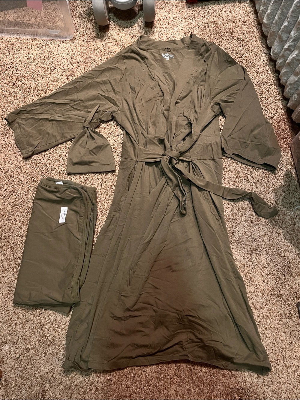 Olive Green maternity/delivery gown with swaddle and hat.
